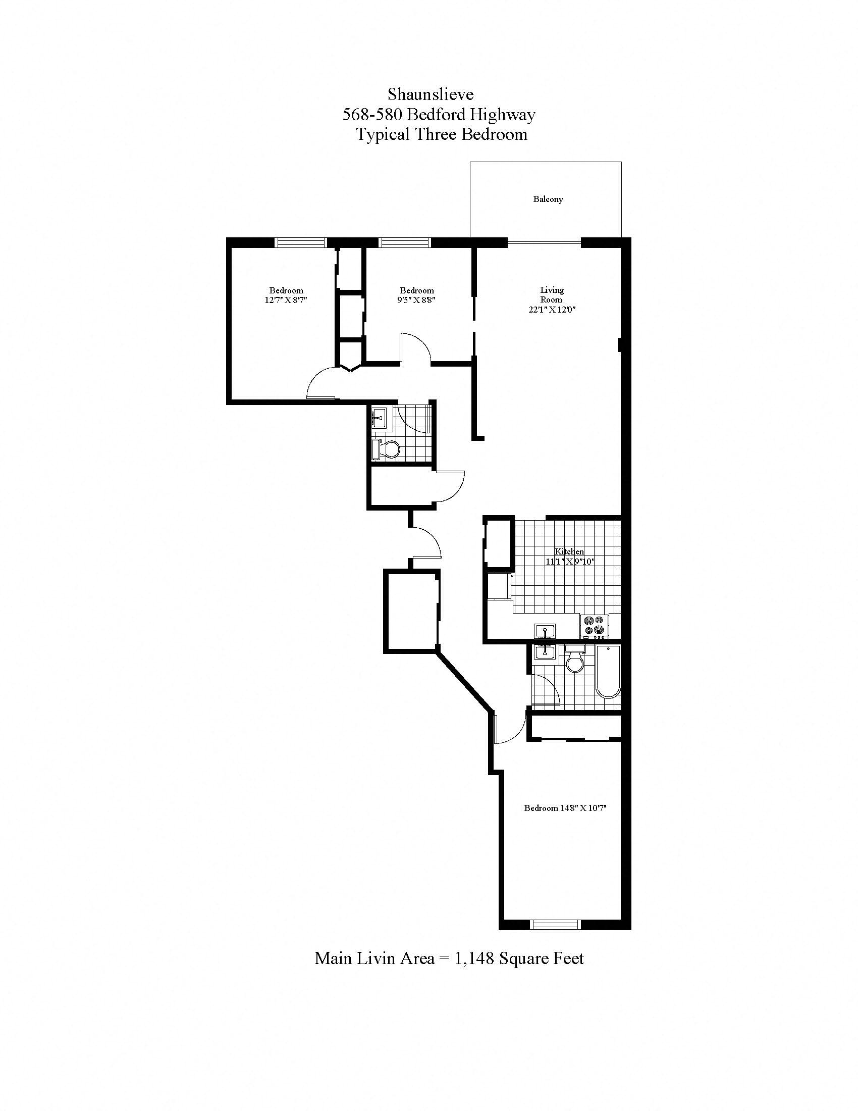 Floor plan for 3 beds, 1.5 baths, 1148 sqft